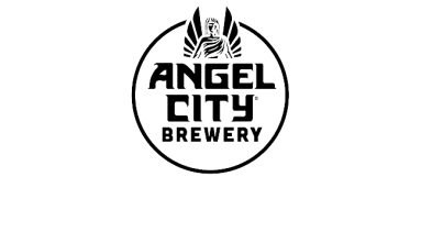 angel city brewery logo white type on black box with angel image on top of the word angel